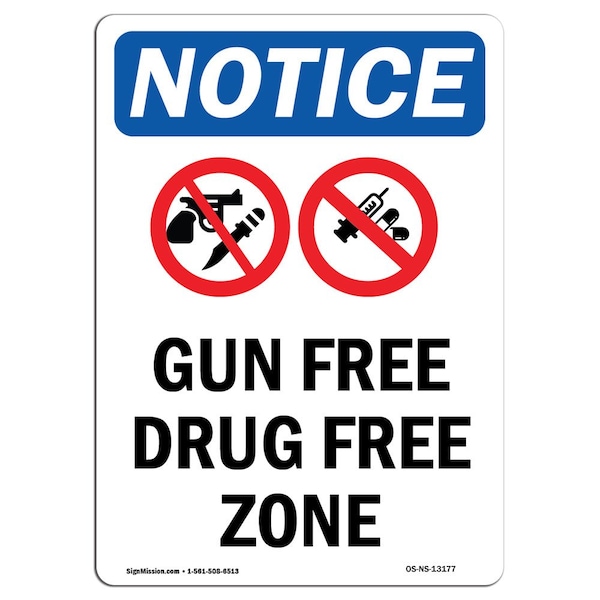 Signmission OSHA Notice, 7" Height, Gun Free Drug Free Zone Sign With Symbol, 7" X 5", Portrait OS-NS-D-57-V-13177 - main